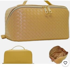 NWT Bulveri Makeup Bag Tan and Yellow with Woven Structured Design